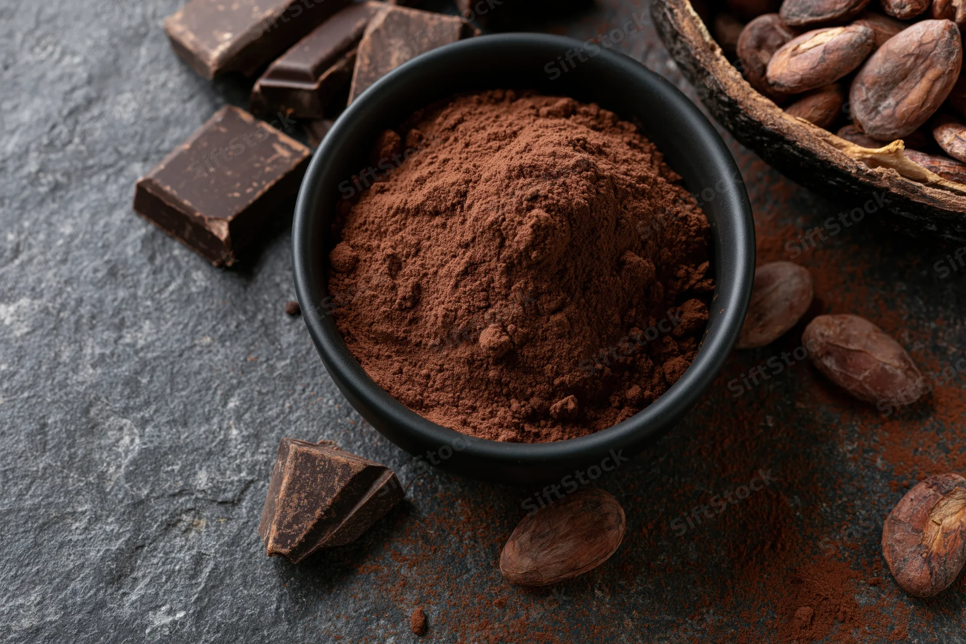 Dark cocoa powder mounded in a small matte black bowl surrounded by cocoa beans and chocolate pieces on a slate surface