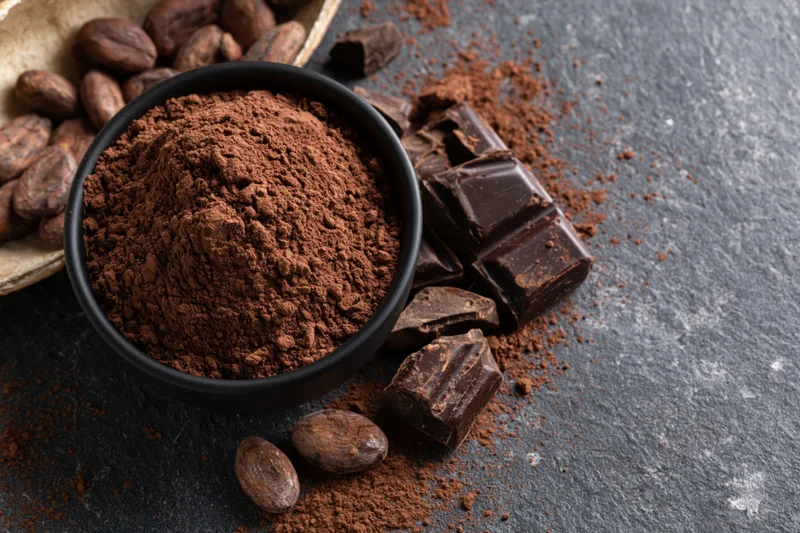 Dark cocoa powder mounded in a matte black bowl surrounded by cocoa beans and broken chocolate pieces on a dark slate surface