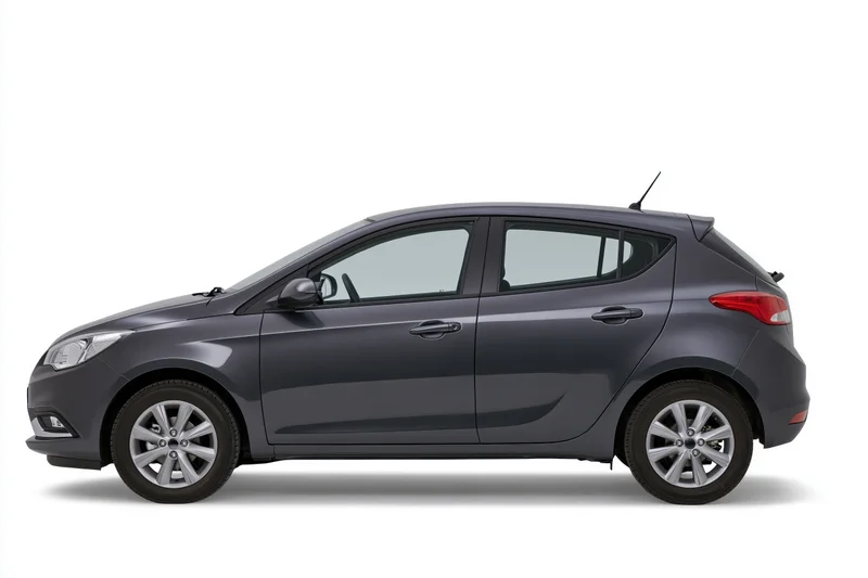 Dark grey compact hatchback shown in clean side profile view against white background