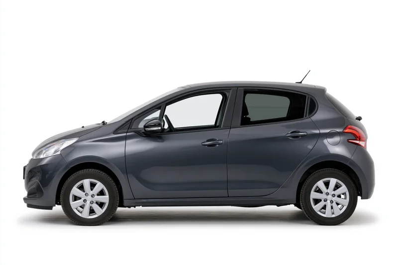 Dark grey compact hatchback car shown in clean side profile view against white background