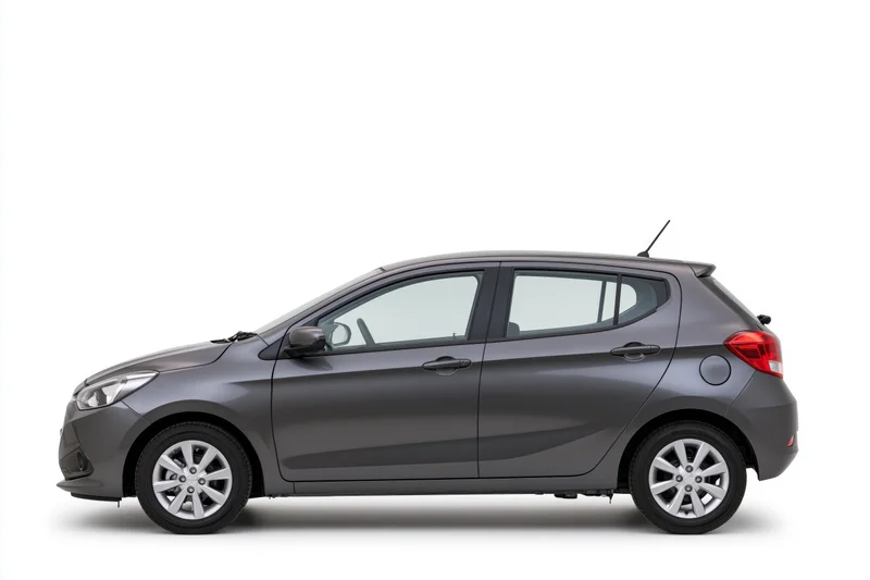 Dark grey compact hatchback shown in clean side profile view on white background