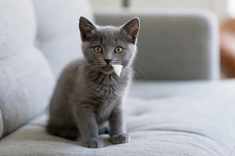 Grey kitten sitting upright on light grey tufted sofa with paper in mouth