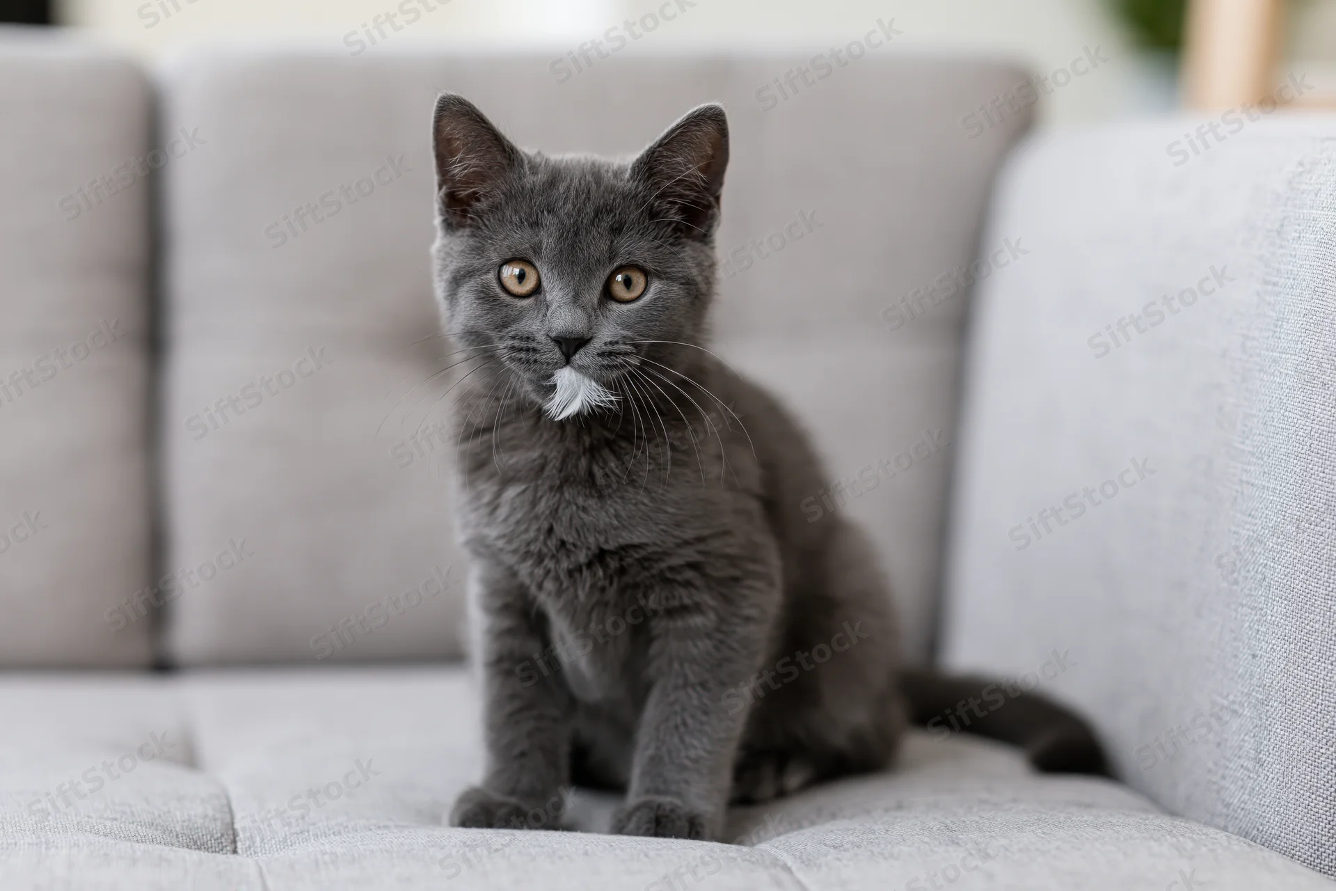 Grey kitten sitting upright on light grey tufted sofa