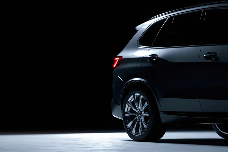 Dark grey luxury suv shown from rear threequarter angle in studio lighting with copyspace