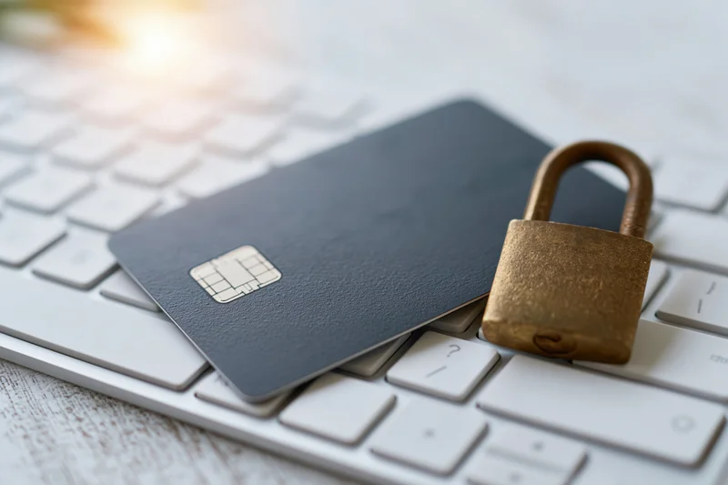 Dark matte credit card with visible chip resting on white keyboard beside brass padlock