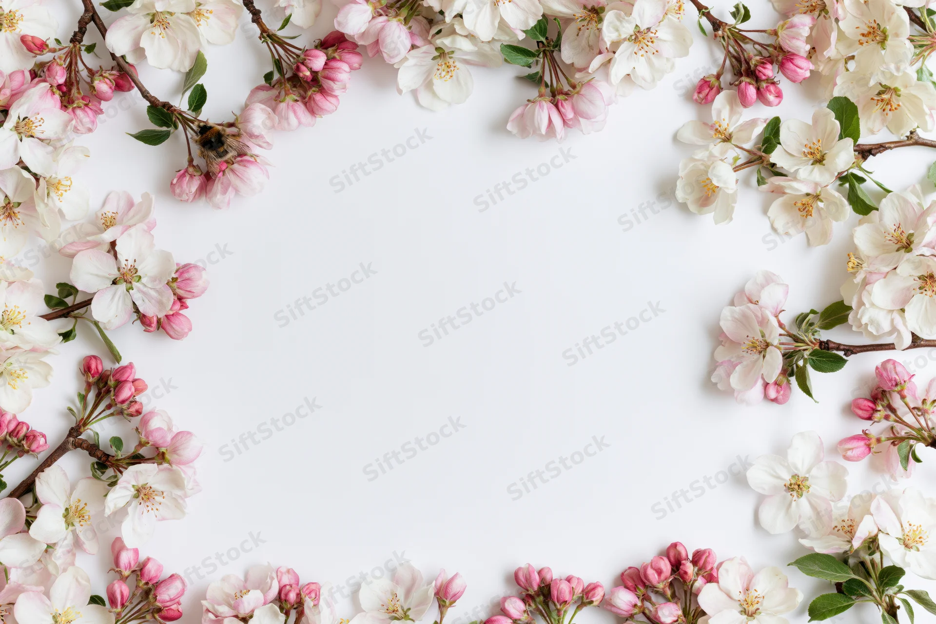 Cherry blossoms arranged in a floral border frame on white background with copyspace