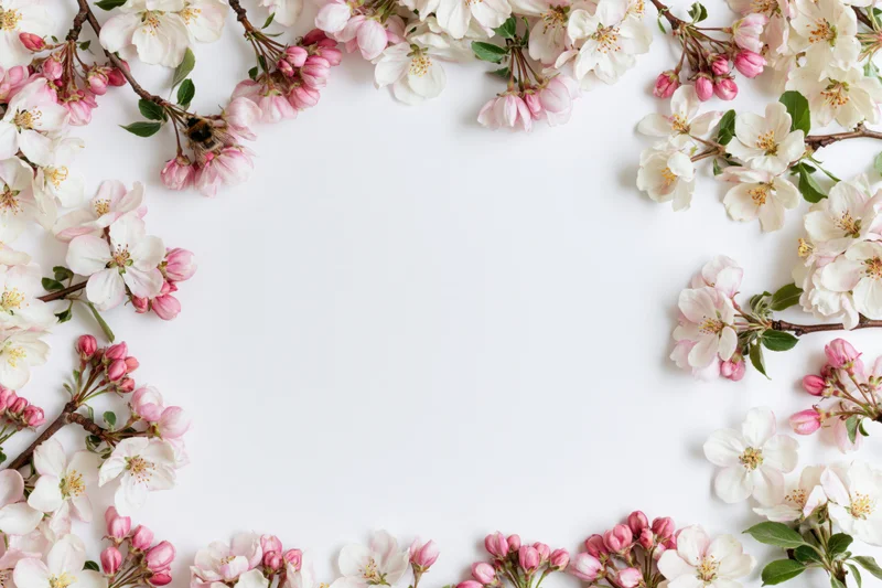 Cherry blossoms arranged in a floral border frame on white background with copyspace
