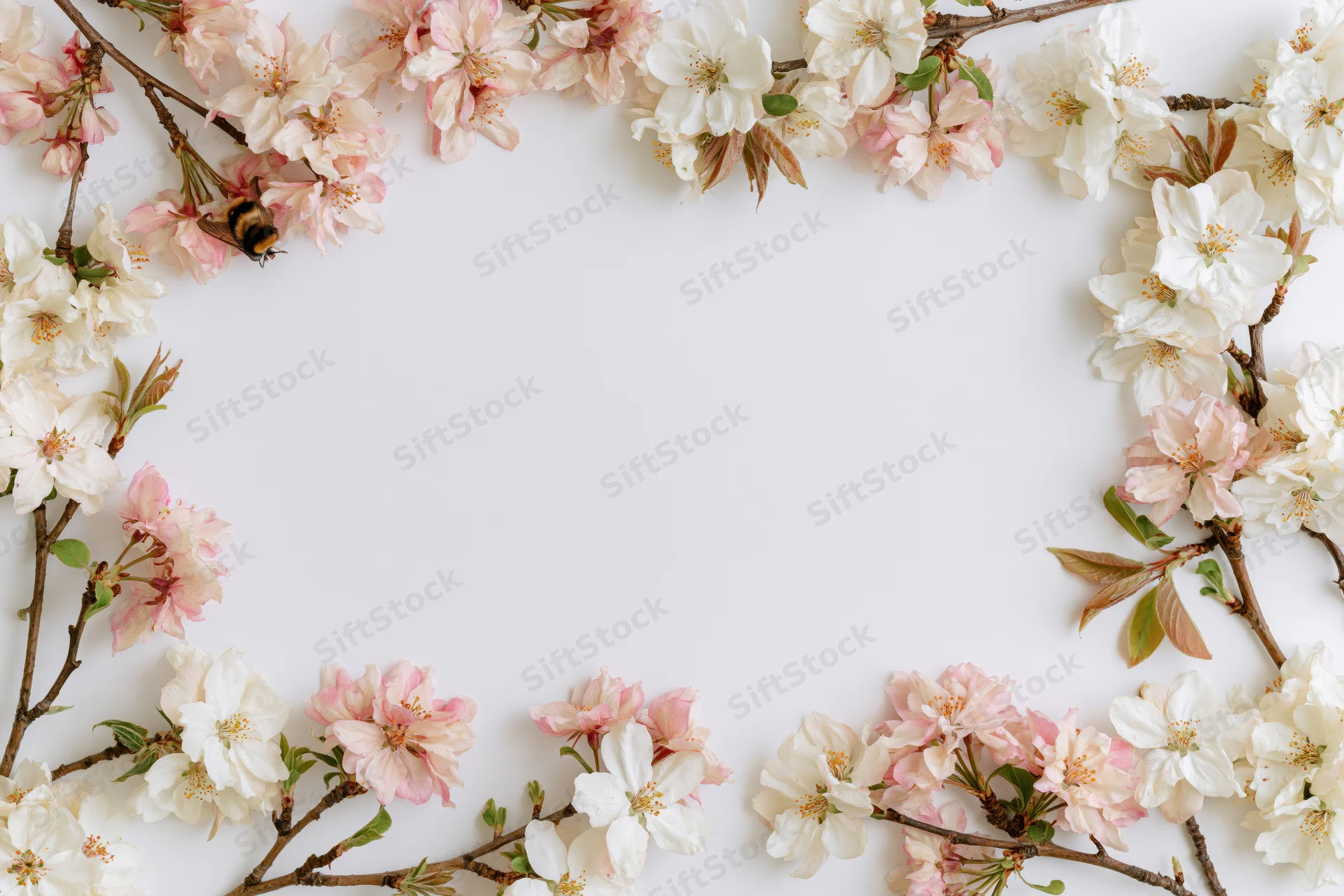 Cherry blossoms arranged in a floral border frame on white background with copyspace