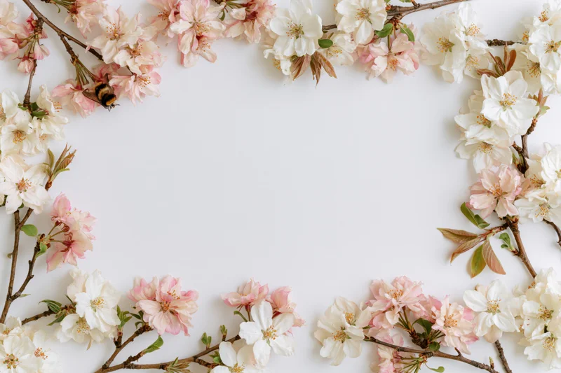 Cherry blossoms arranged in a floral border frame on white background with copyspace