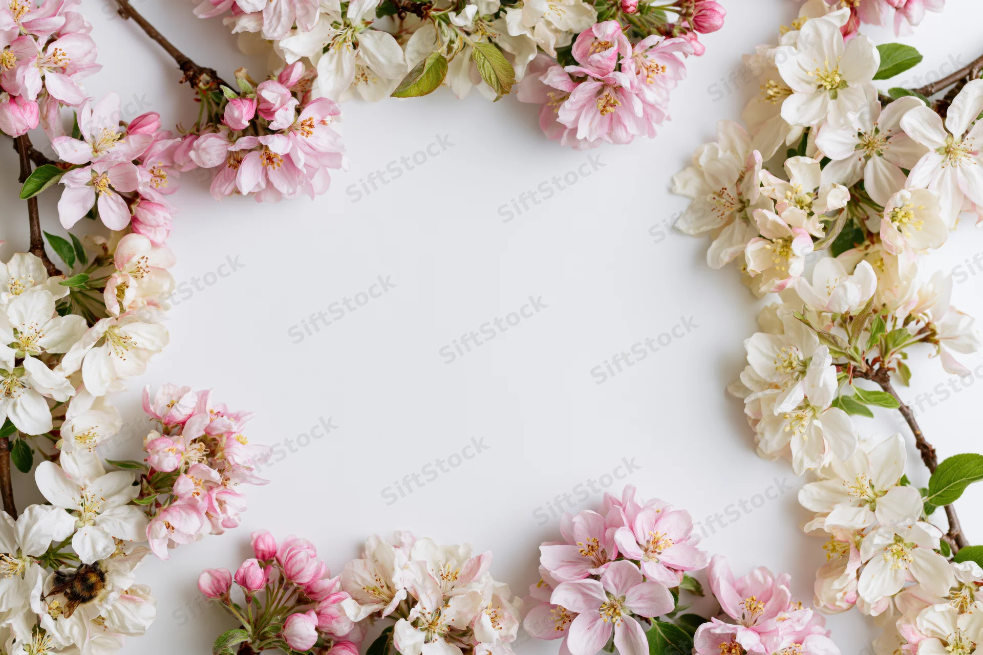 Cherry blossoms arranged in a floral border frame on white background with copyspace