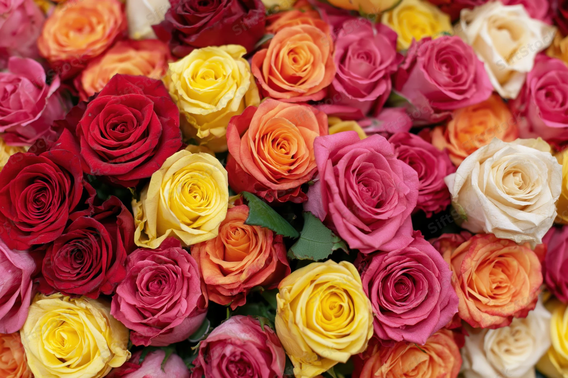 Dense cluster of freshly cut roses packed tightly together in a colorful floral arrangement