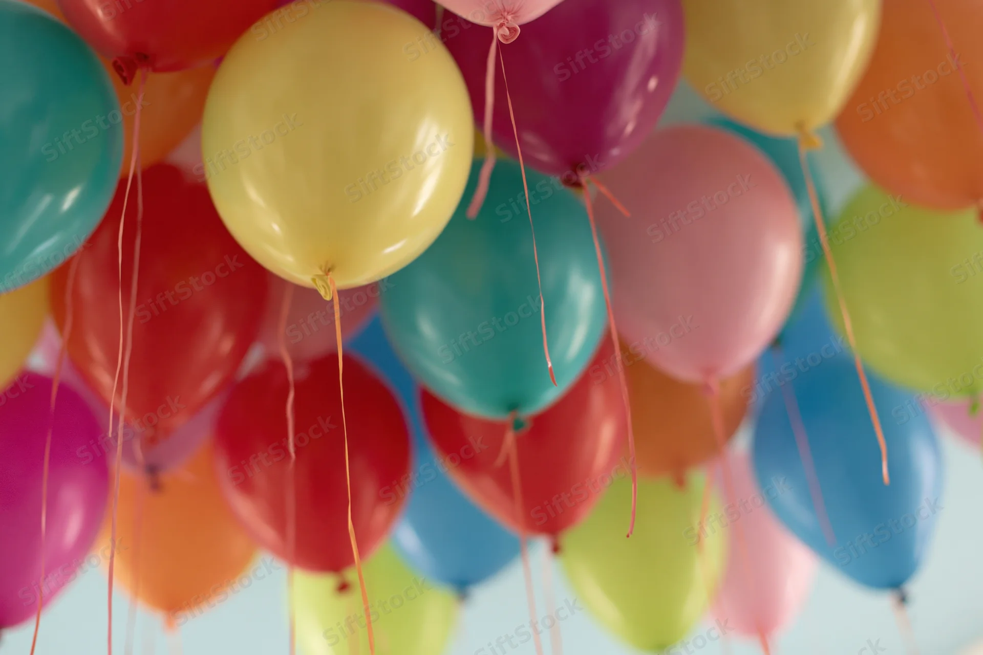 Dozens of colorful helium balloons floating against a ceiling with strings hanging down