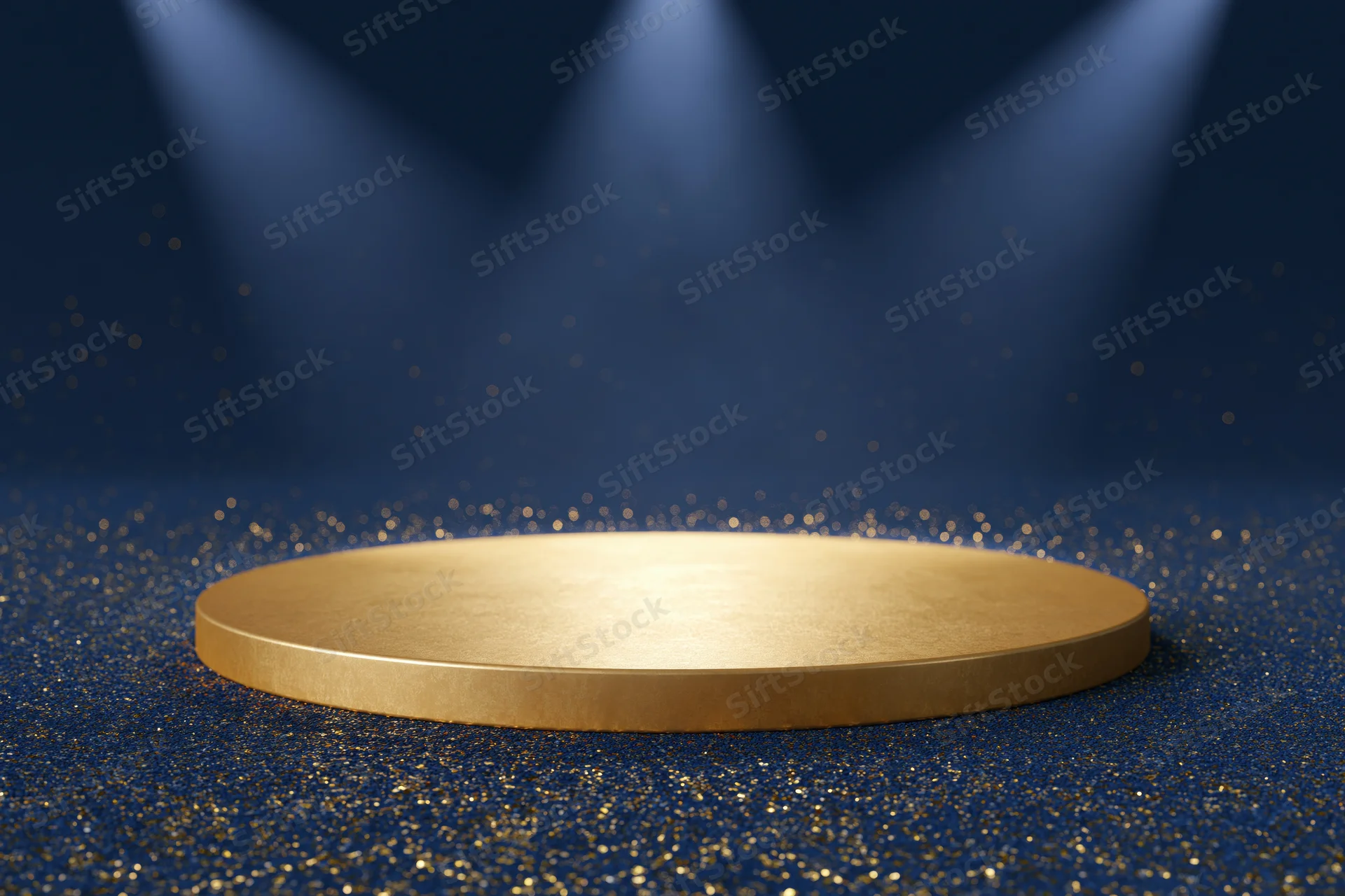 Golden circular podium on glittering navy blue floor under spotlights