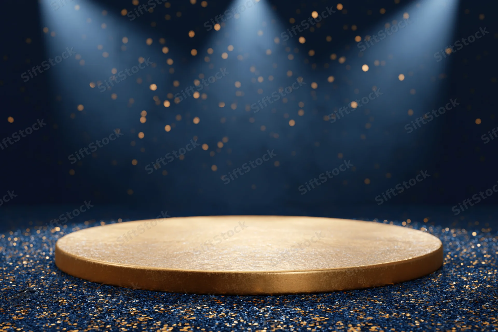 Golden circular podium on glittering navy blue floor under spotlights