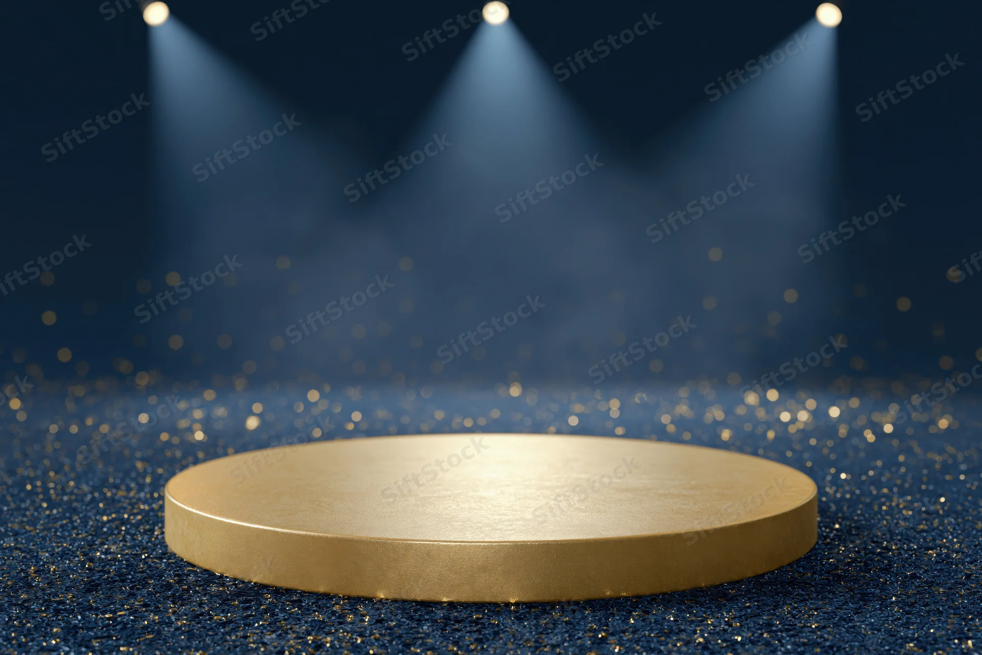 Golden circular podium under spotlights on glittering navy blue floor