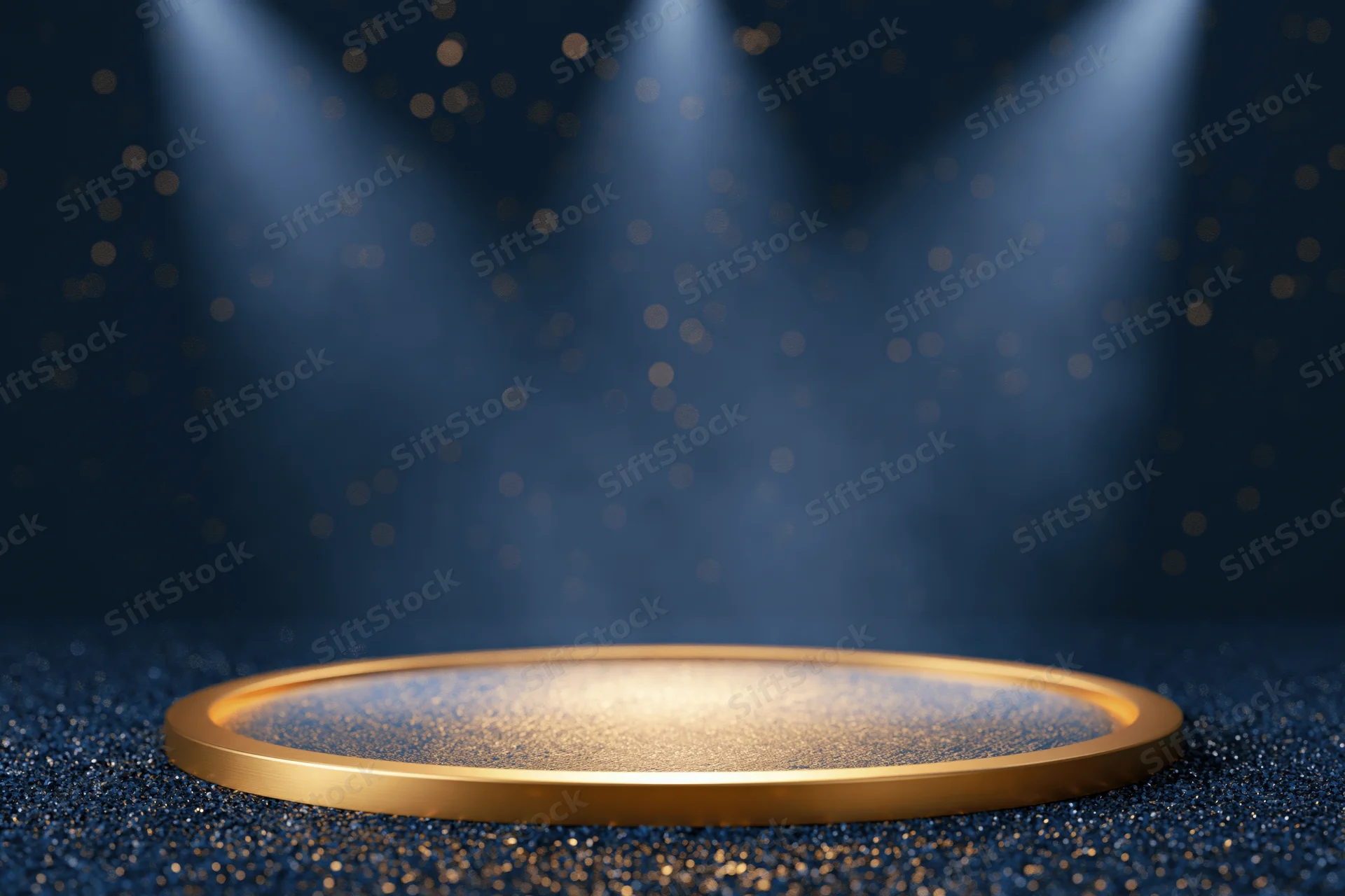 Golden circular podium on glittering navy blue stage under spotlights