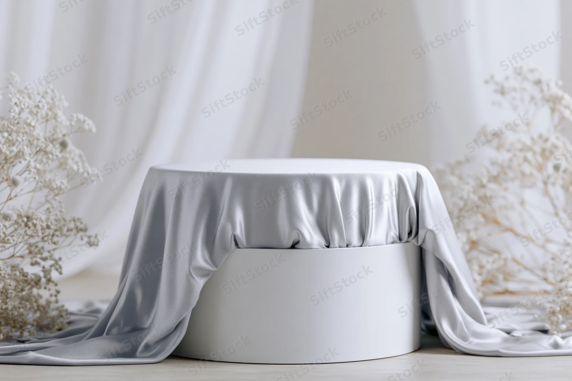 White cylindrical pedestal draped with silver satin fabric, surrounded by dried baby's breath flowers in a minimalist studio setting