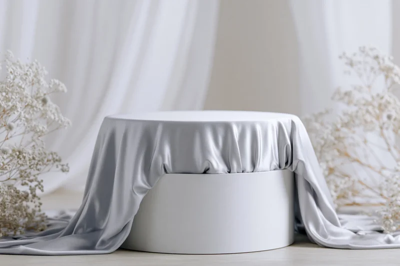 White cylindrical pedestal draped with silver satin fabric, surrounded by dried baby's breath flowers in a minimalist studio setting