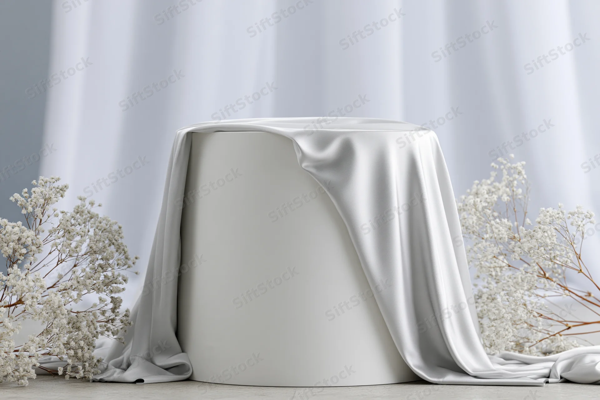 White cylindrical pedestal draped in satin fabric with dried baby's-breath flowers on either side in a studio setting
