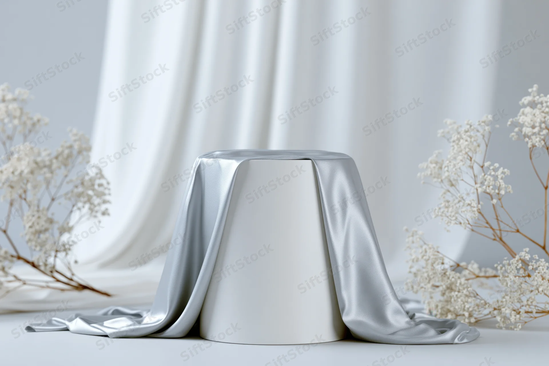 White cylindrical pedestal draped with silver satin fabric, flanked by dried baby's-breath flowers in a minimalist studio setting
