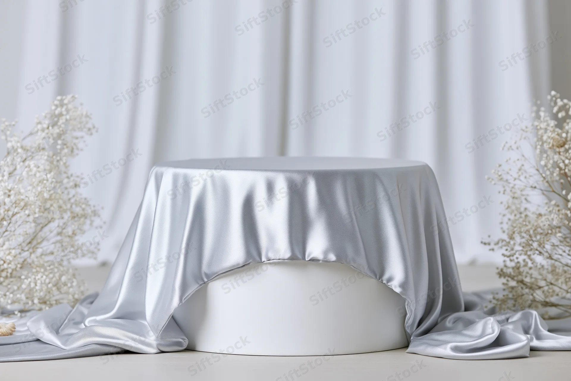 White cylindrical pedestal draped in silver satin fabric with dried baby's breath on either side in a studio setting