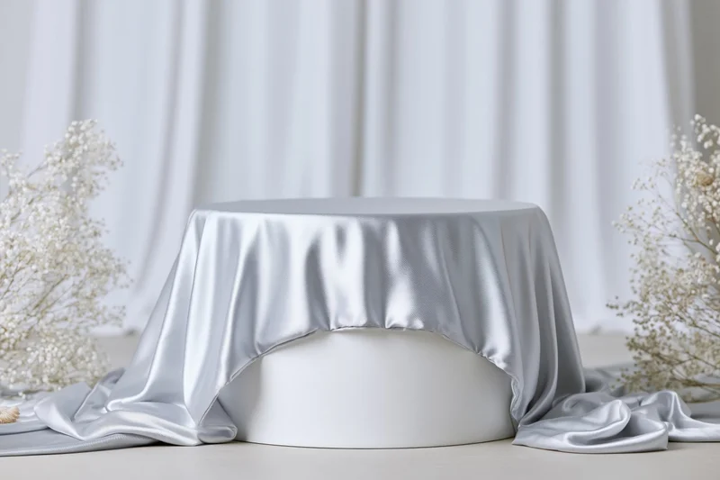 White cylindrical pedestal draped in silver satin fabric with dried baby's breath on either side in a studio setting