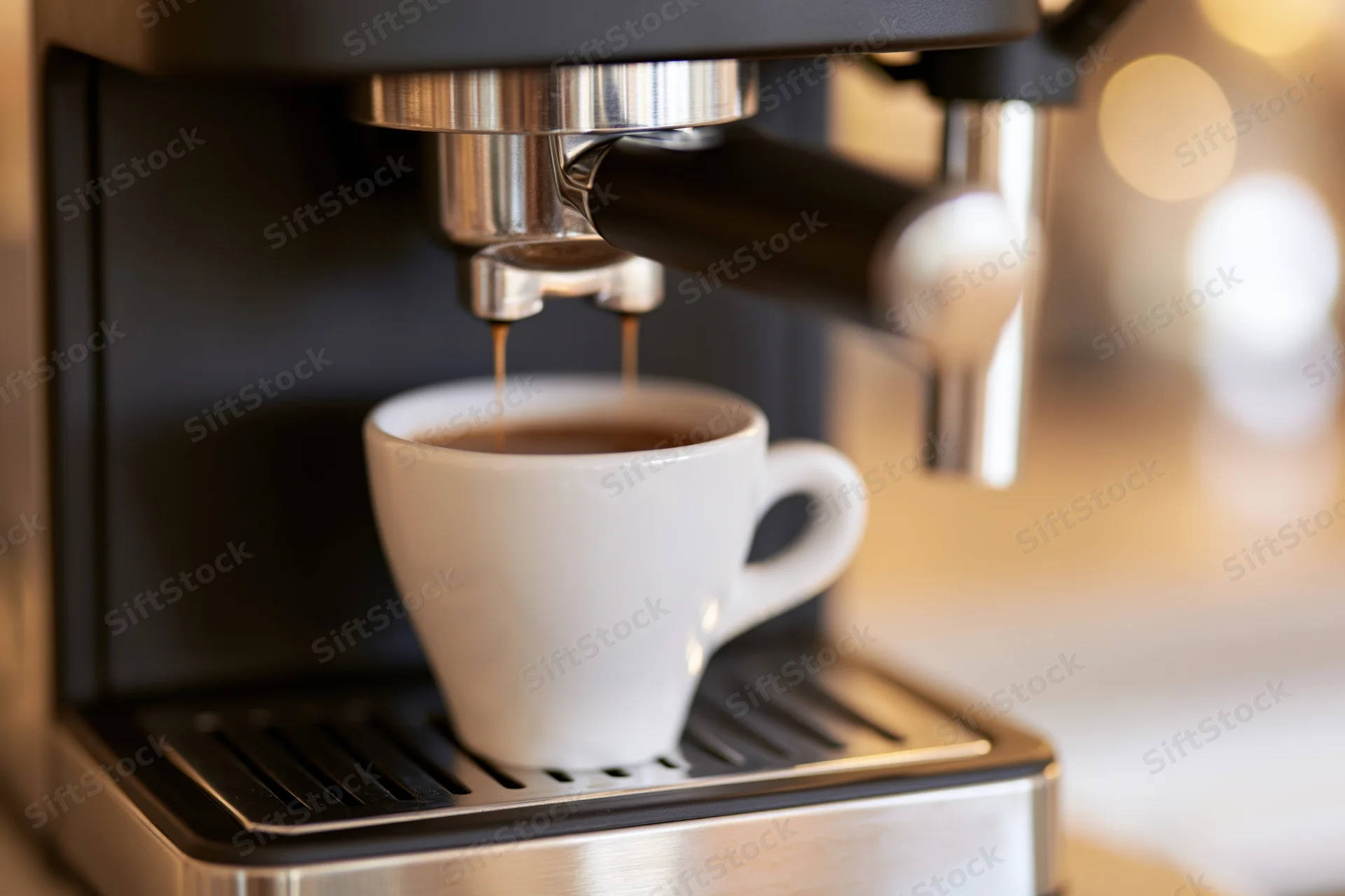 Espresso machine dispensing dark coffee into a white ceramic cup on a drip tray