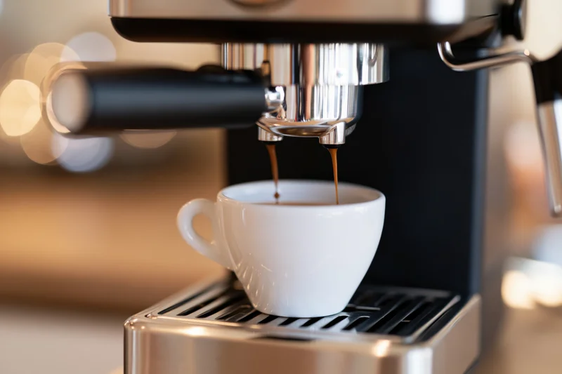 Espresso machine dispensing dark coffee into a white ceramic cup on a drip tray