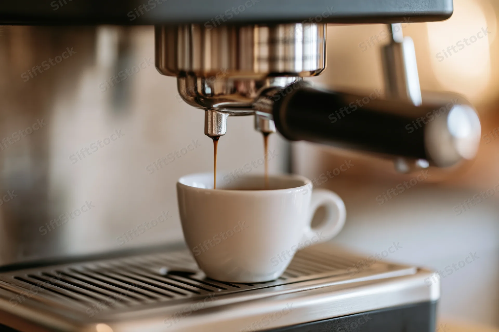 Espresso machine dispensing coffee into a white cup on a drip tray