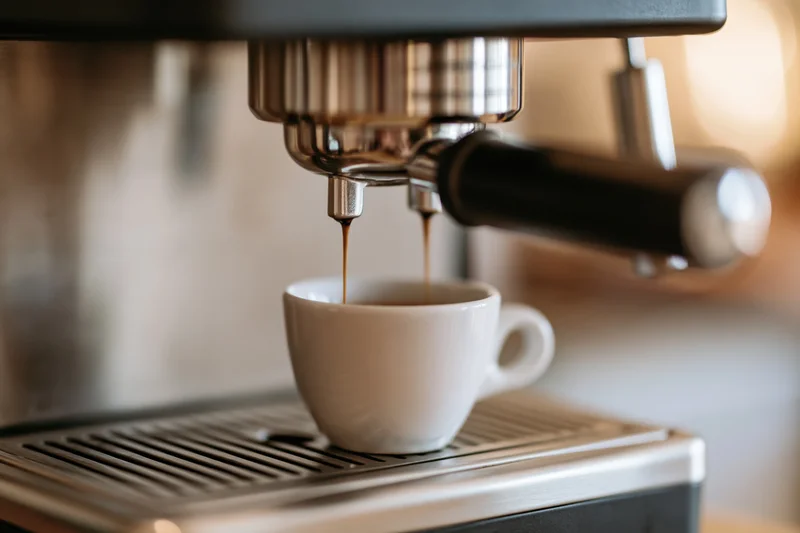 Espresso machine dispensing coffee into a white cup on a drip tray