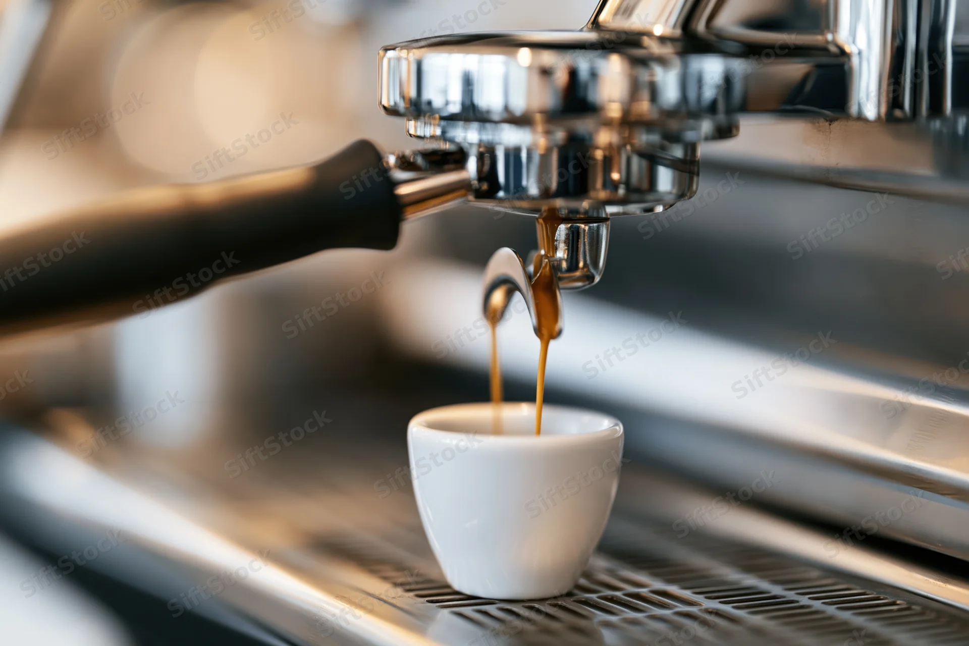Espresso pouring from a chrome portafilter into a small white cup on a drip tray