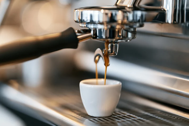 Espresso pouring from a chrome portafilter into a small white cup on a drip tray