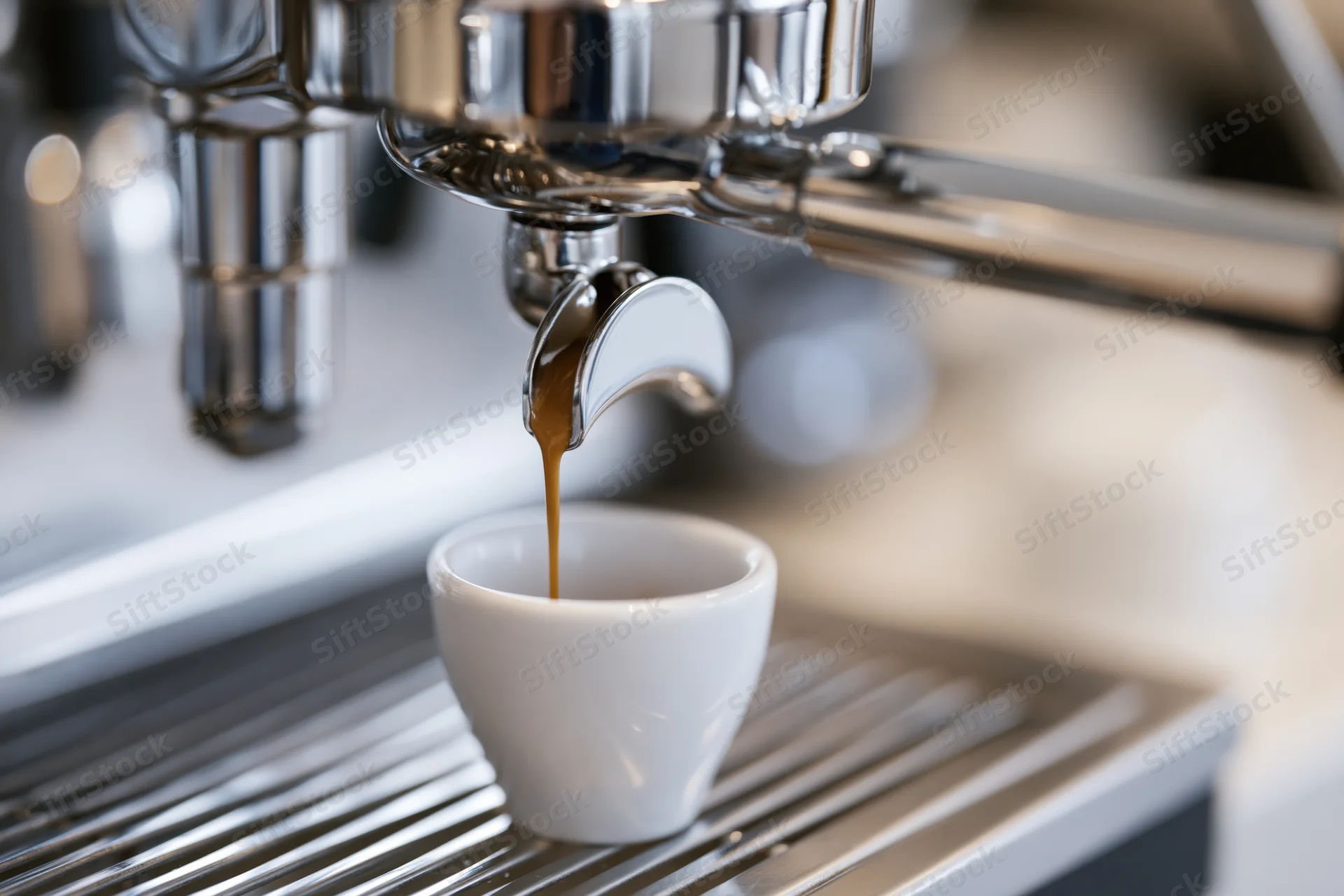 Espresso pouring from a chrome portafilter into a small white ceramic cup on a drip tray