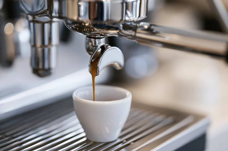 Espresso pouring from a chrome portafilter into a small white ceramic cup on a drip tray