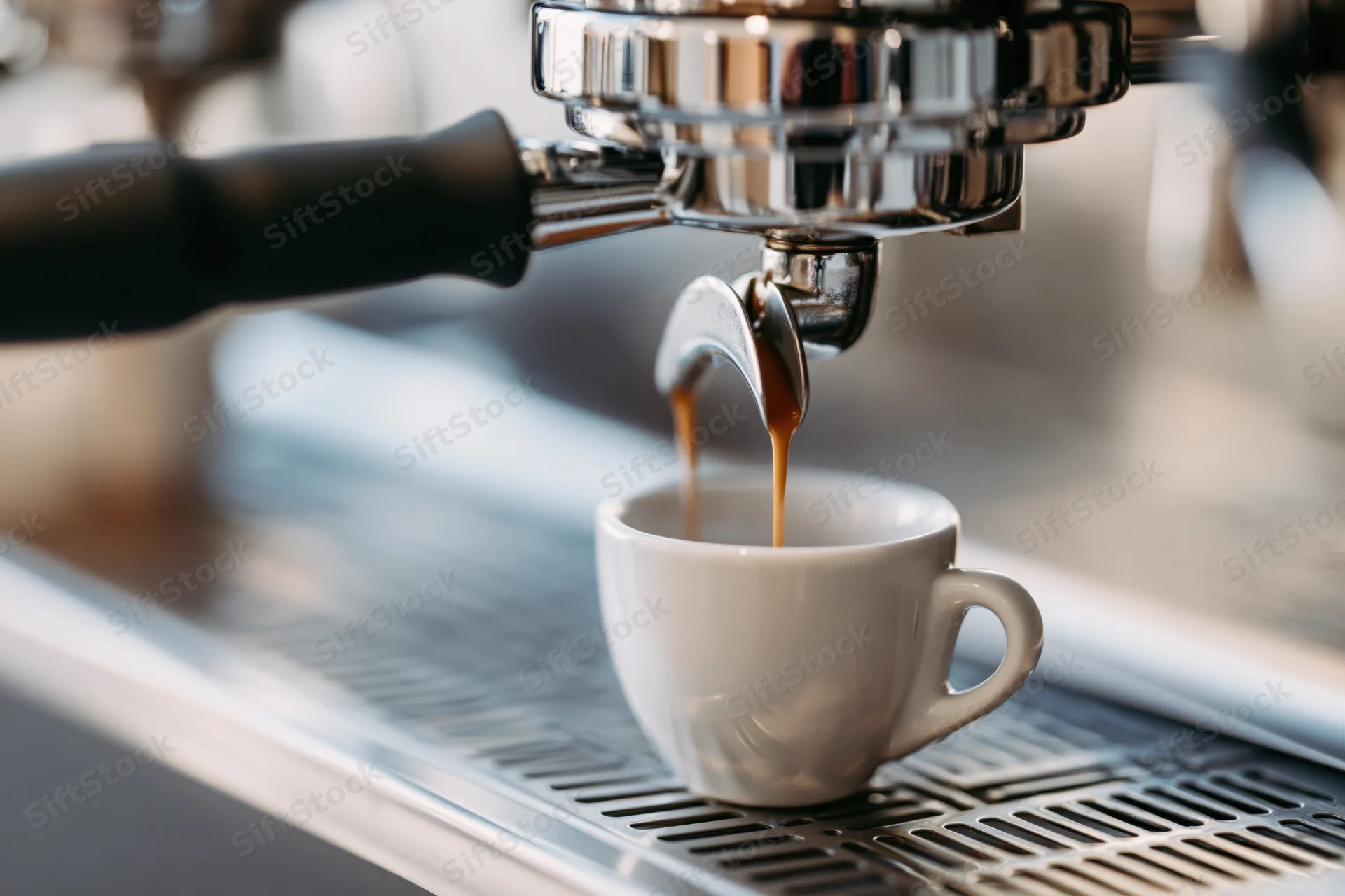 Espresso pouring from chrome portafilter into small white cup on coffee machine drip tray