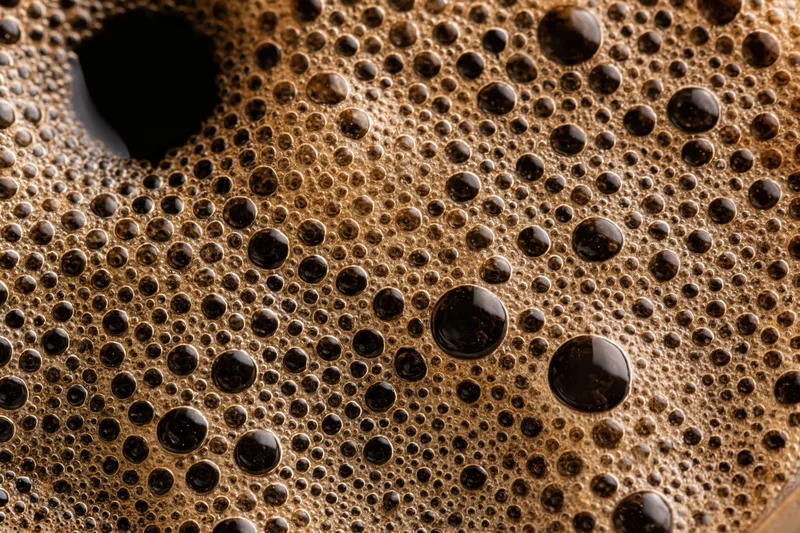 Close-up of black coffee surface covered in foam and bubbles