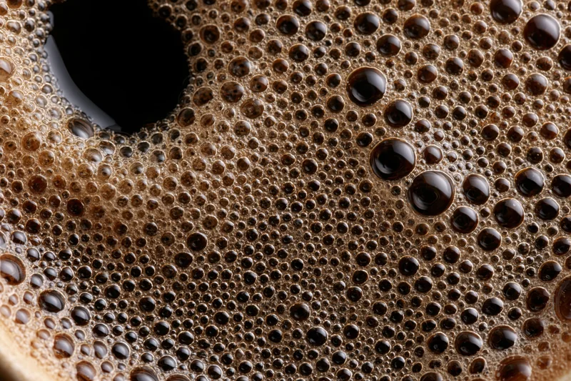 Extreme close-up of black coffee surface covered in foam and bubbles