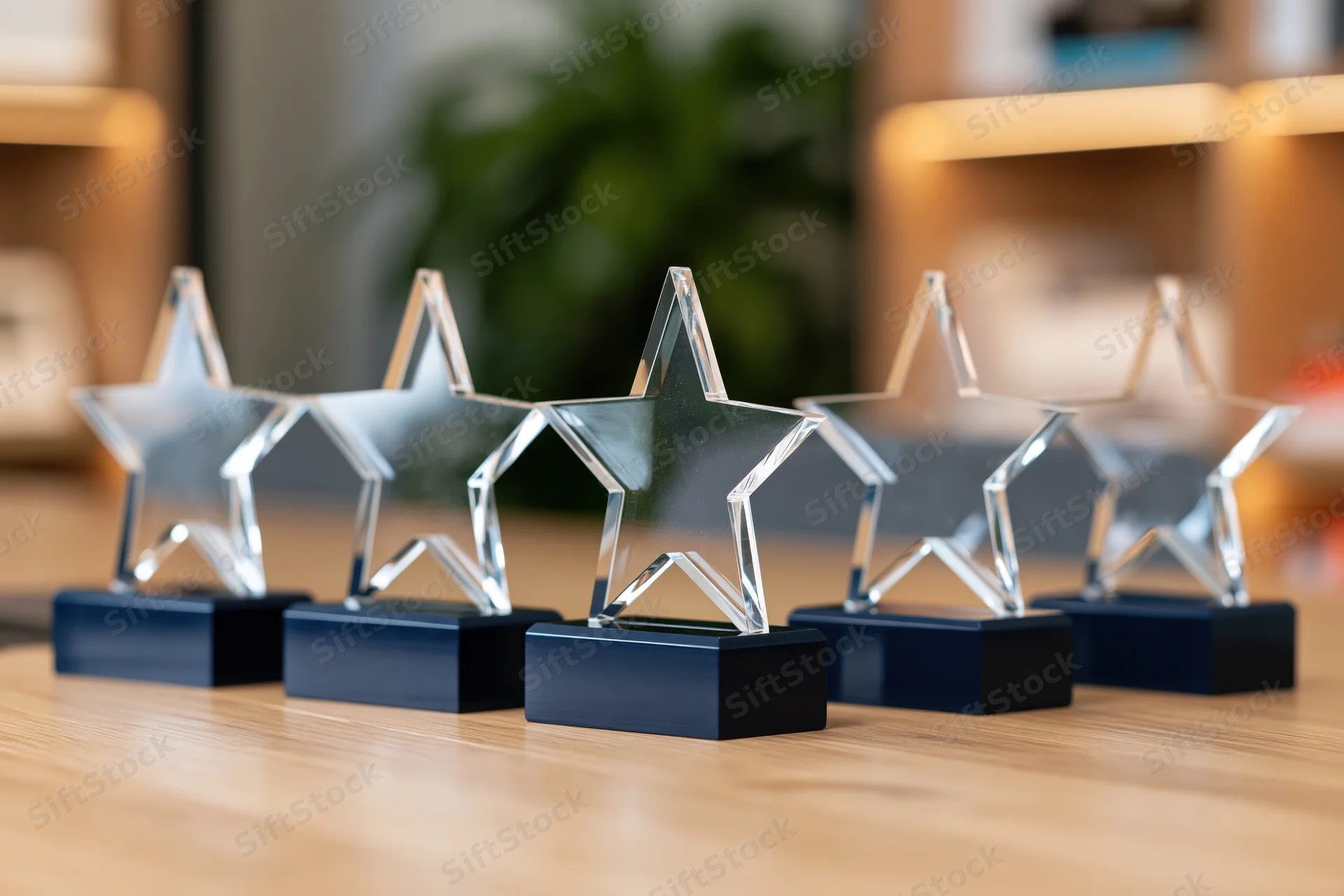 Five glass star-shaped awards lined up in a row on a wooden table in an office interior