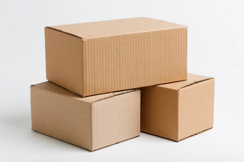 Three plain cardboard boxes stacked in a pyramid formation on a white surface