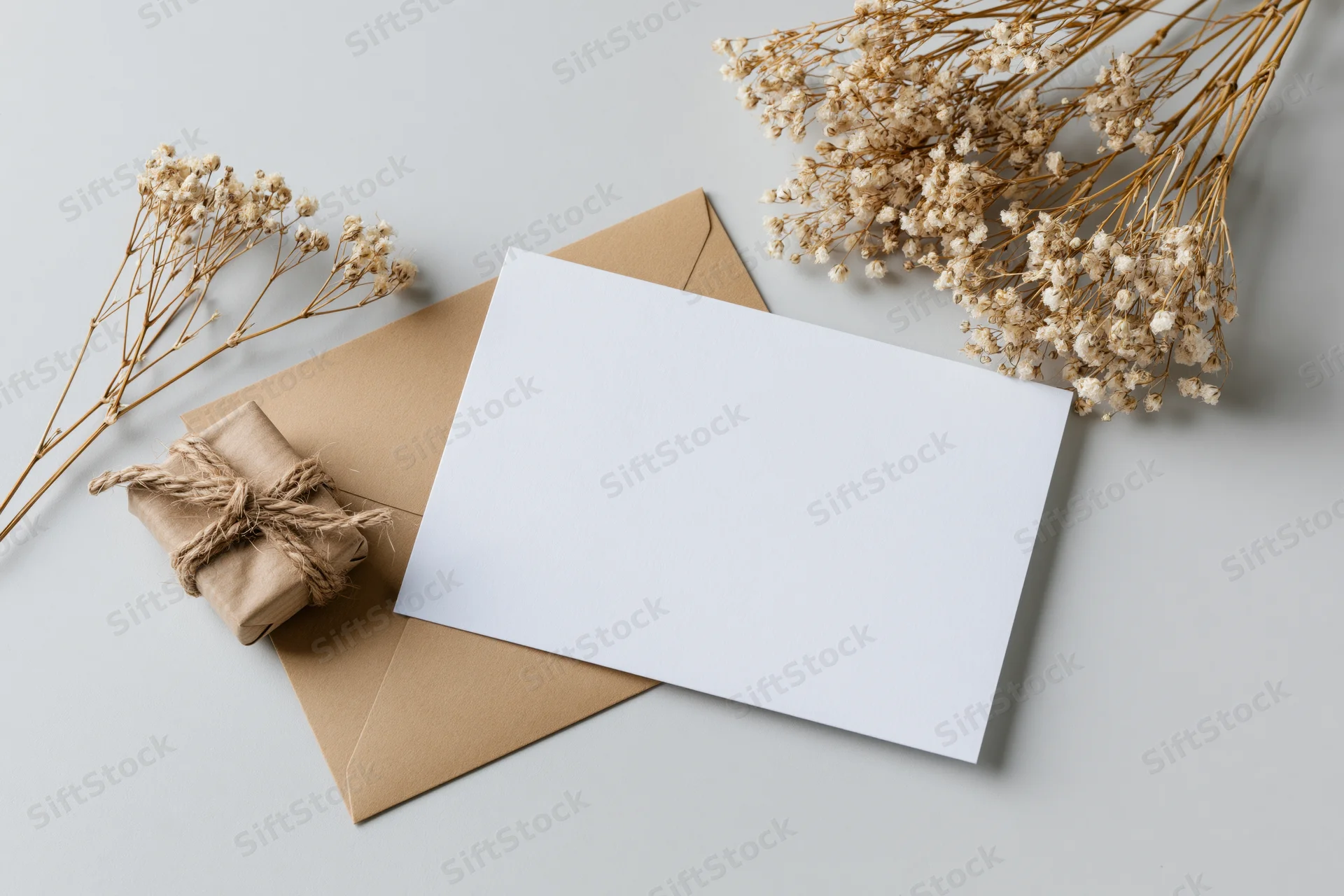 Blank white greeting card on kraft envelope with dried flowers and small wrapped gift in flat lay arrangement