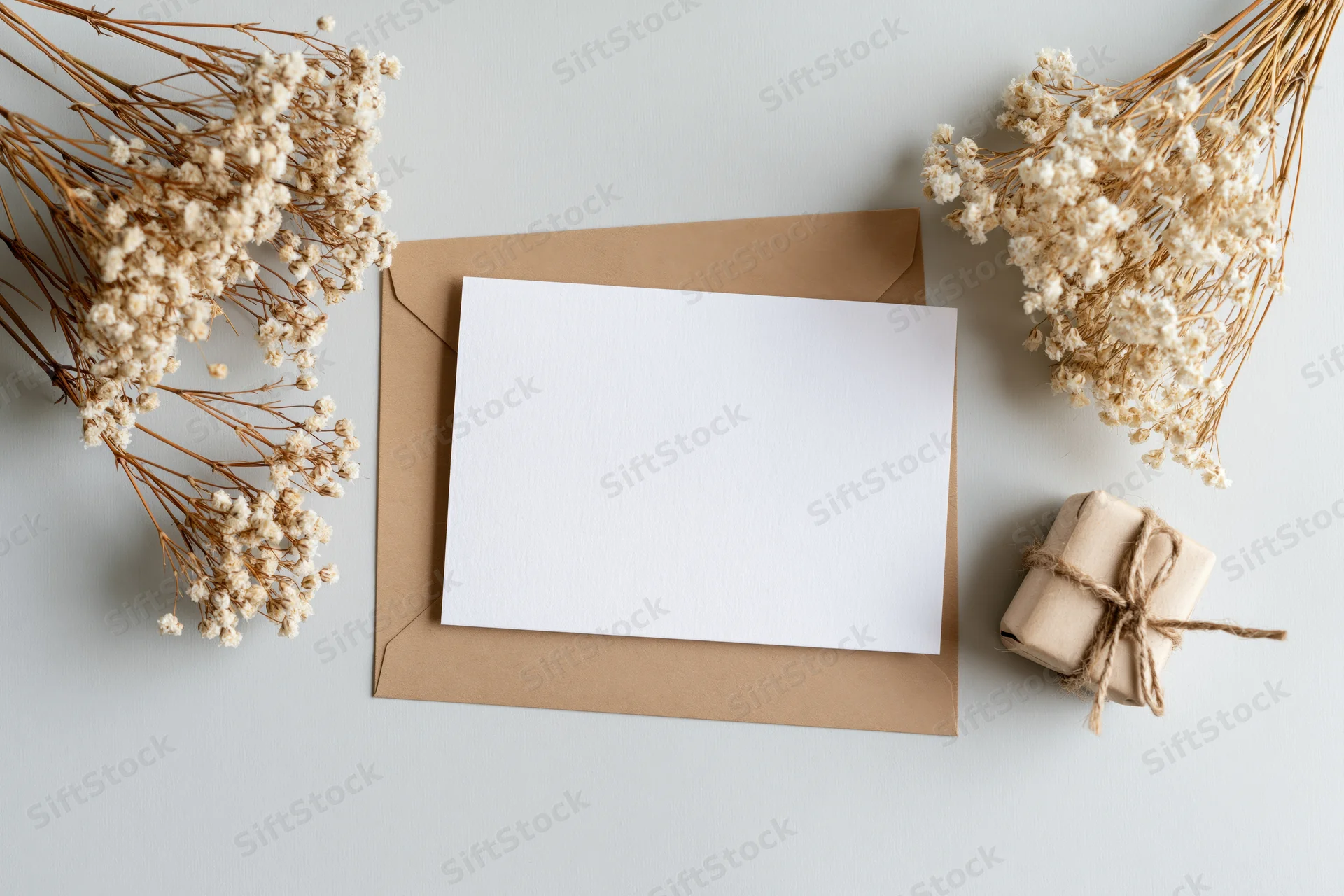 Blank white greeting card on kraft envelope with dried baby's breath and twine-wrapped gift box in flat lay arrangement
