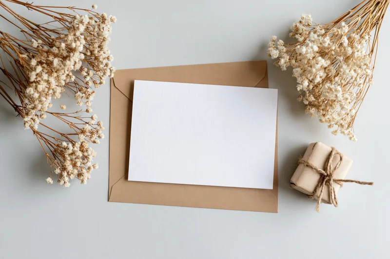 Blank white greeting card on kraft envelope with dried baby's breath and twine-wrapped gift box in flat lay arrangement