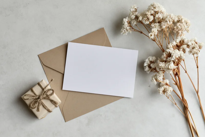 Blank white greeting card on kraft envelope with dried flowers and gift box in flat lay arrangement