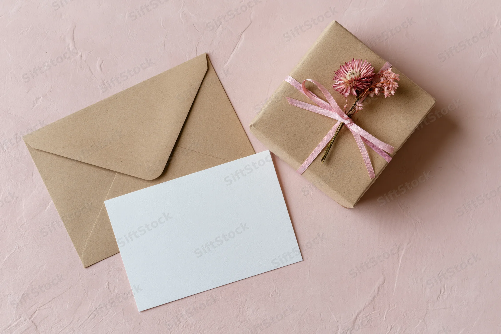 Kraft paper gift box tied with pink ribbon and dried flower beside envelope and blank card on pink surface