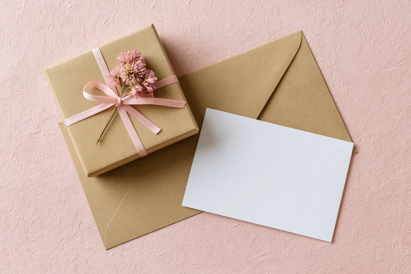 Kraft paper gift box tied with pink ribbon and dried flower beside open envelope with blank card on pink surface