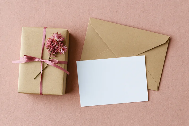 Kraft paper gift box tied with pink ribbon and dried flower beside blank card and envelope on pink surface
