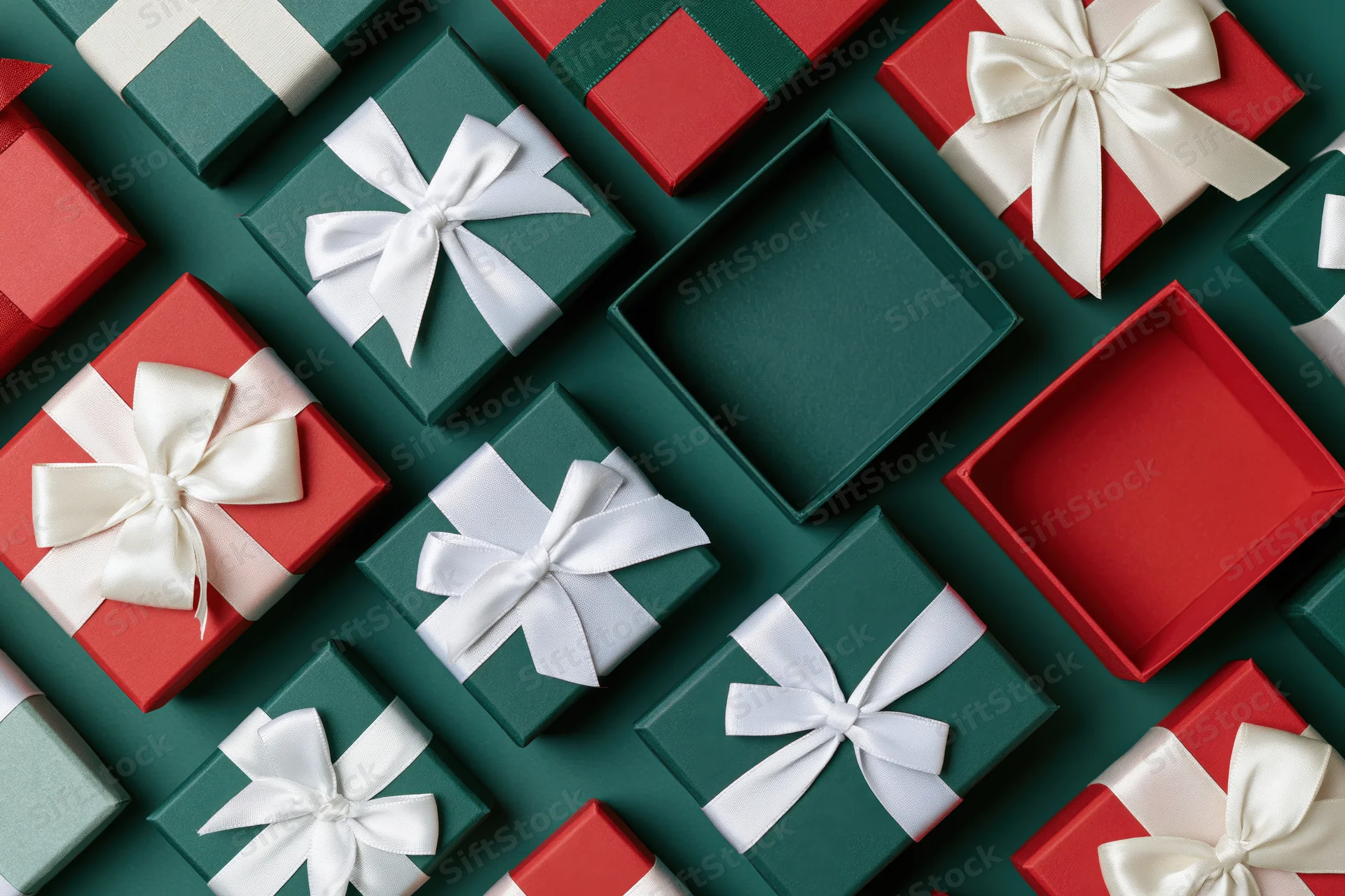 Assorted red and dark green gift boxes with white ribbons arranged in flat lay on dark green surface