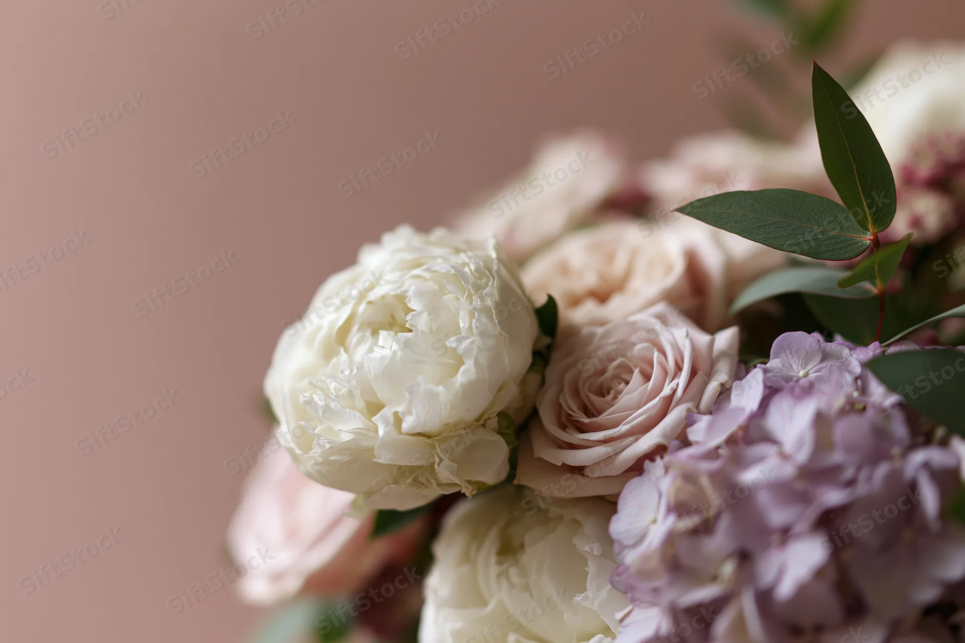 Floral arrangement of white peonies, blush roses, and lavender hydrangeas with green foliage on a soft pink background