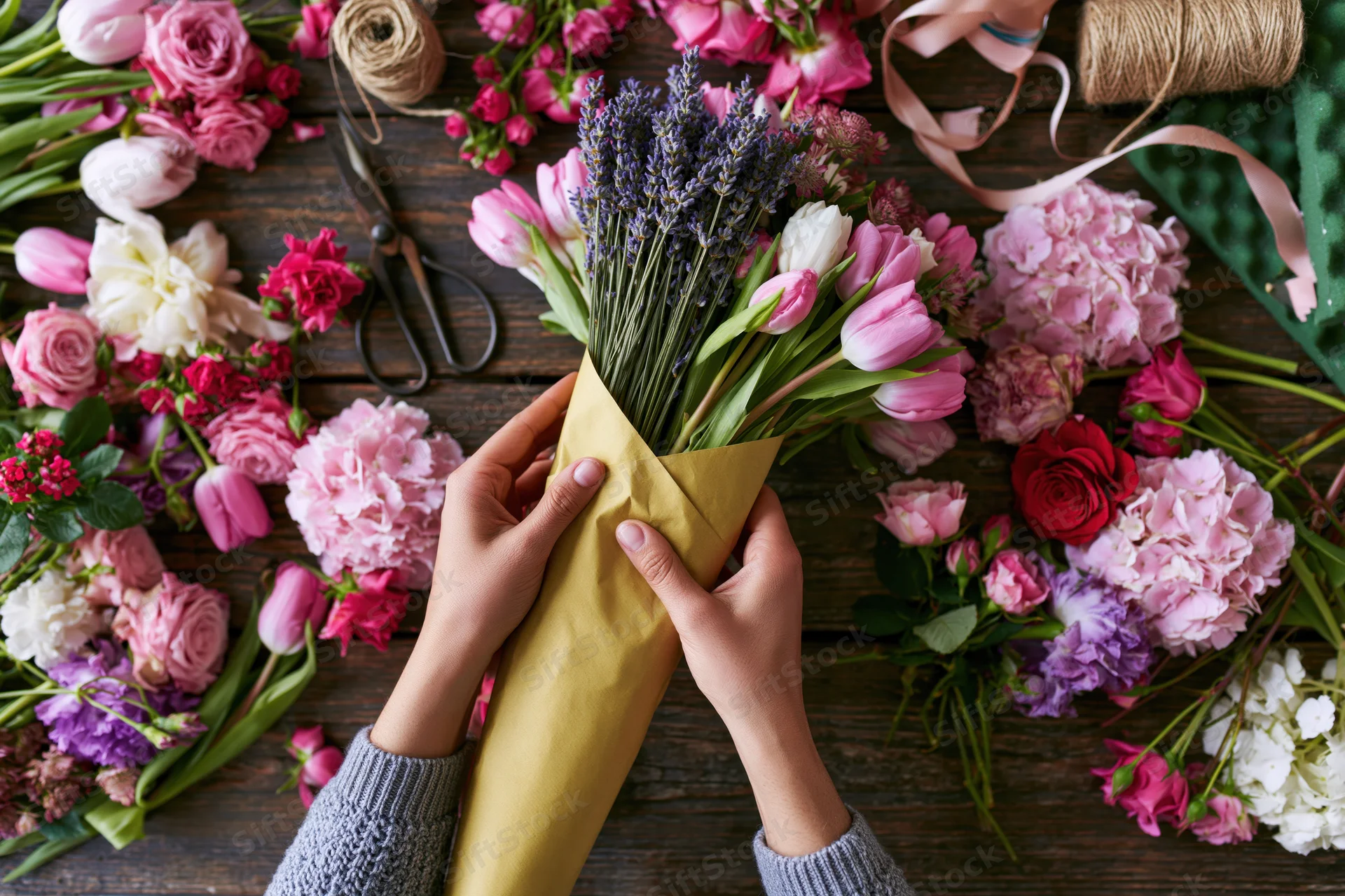 Florist hands wrapping a bouquet in yellow kraft paper on wooden table