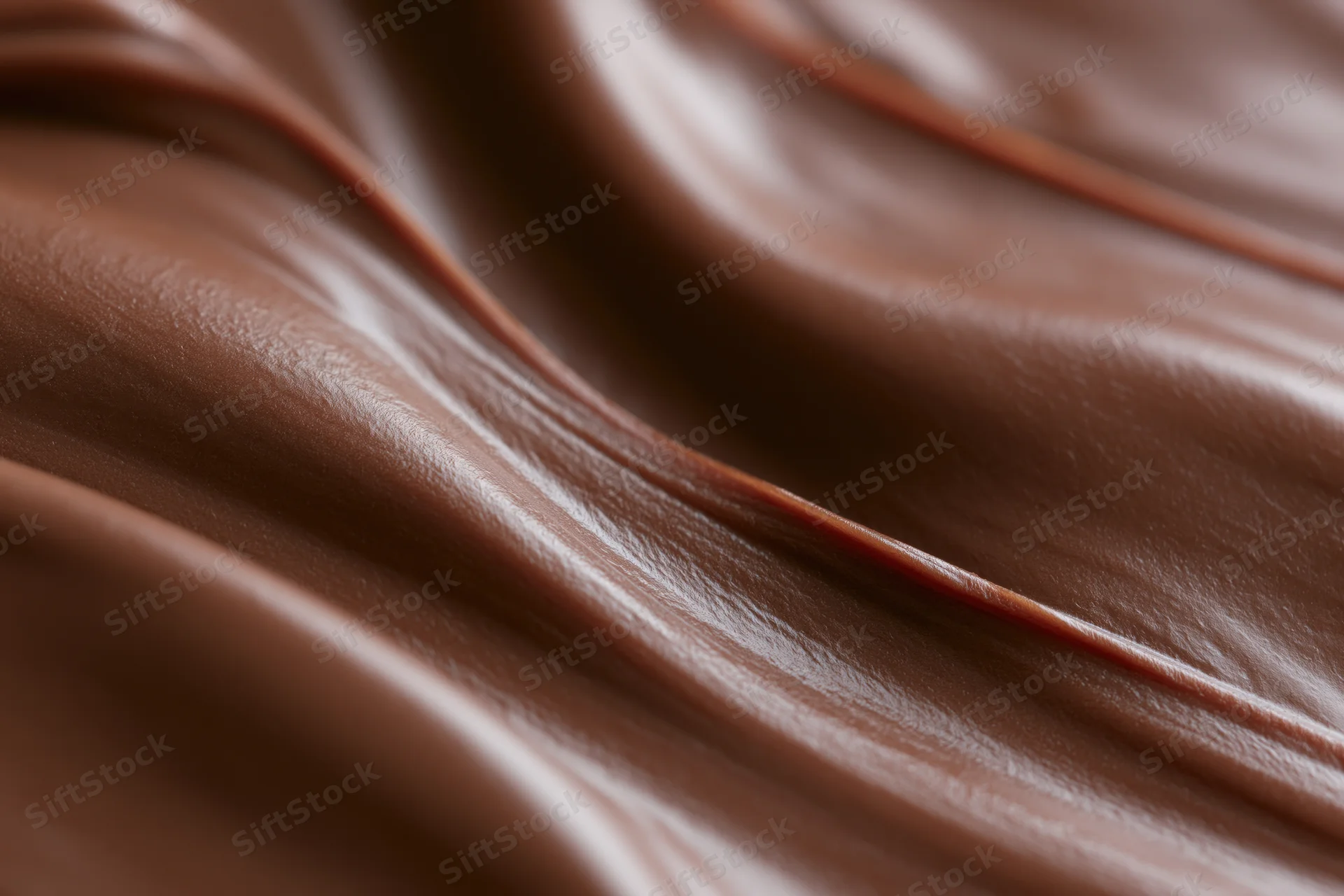 Flowing melted chocolate surface filling the frame with smooth glossy swirls